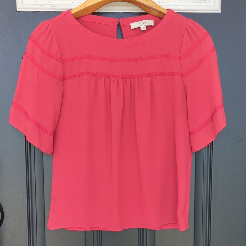 LOFT Red Ruffled Blouse with ribbon trim size medium